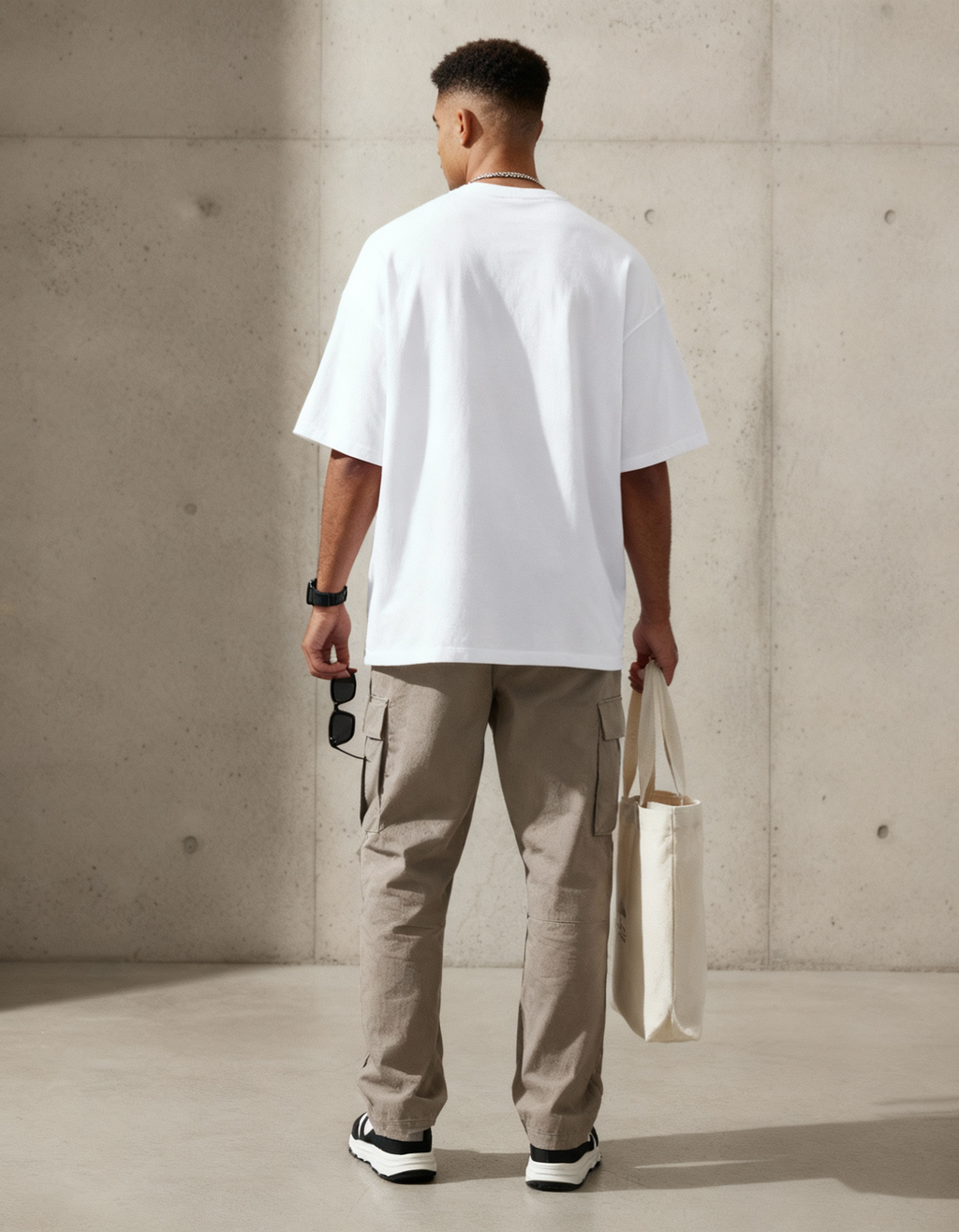 „Model zeigt saubere Rückseite des weißen Niklo Auri City Flags Tee.“