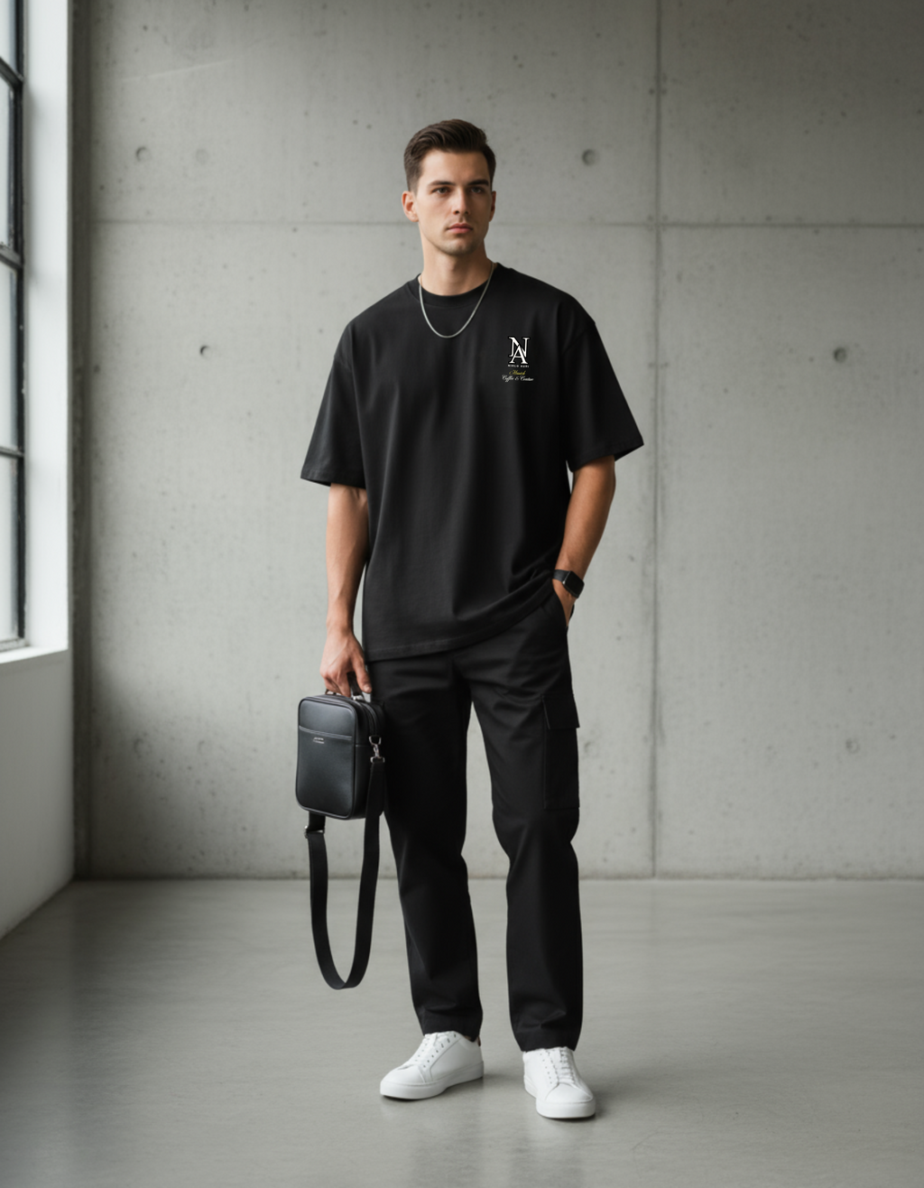 „Model trägt Niklo Auri Tee – schwarzes Oversized Shirt mit Monogramm.“
