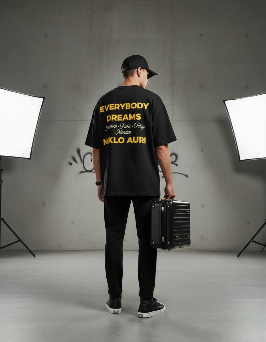 „Model trägt das Everybody Dreams Tee – gelber Backprint mit Cities.“