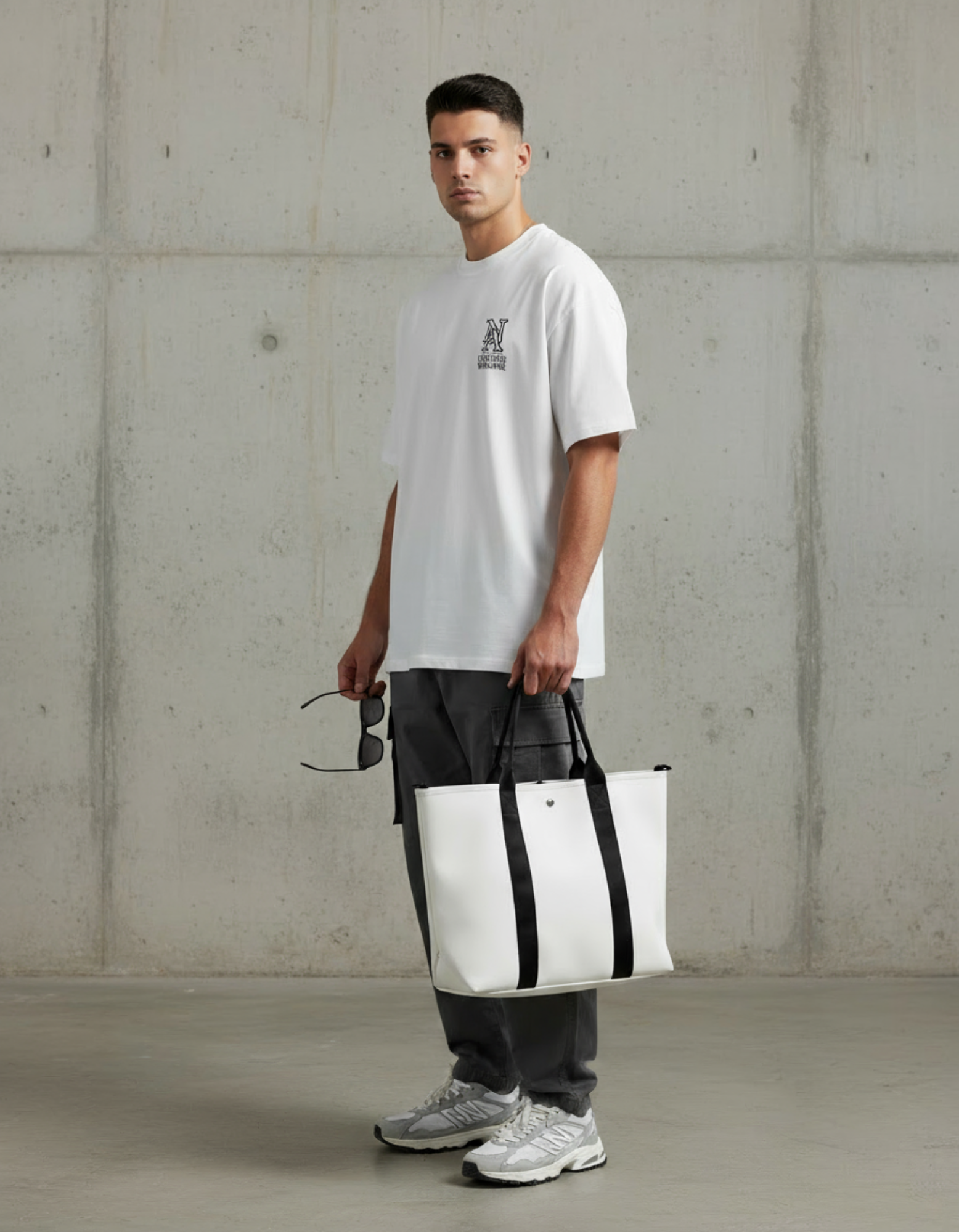 „Model trägt weißes Niklo Auri Worldwide Tee – Oversized Fit.“