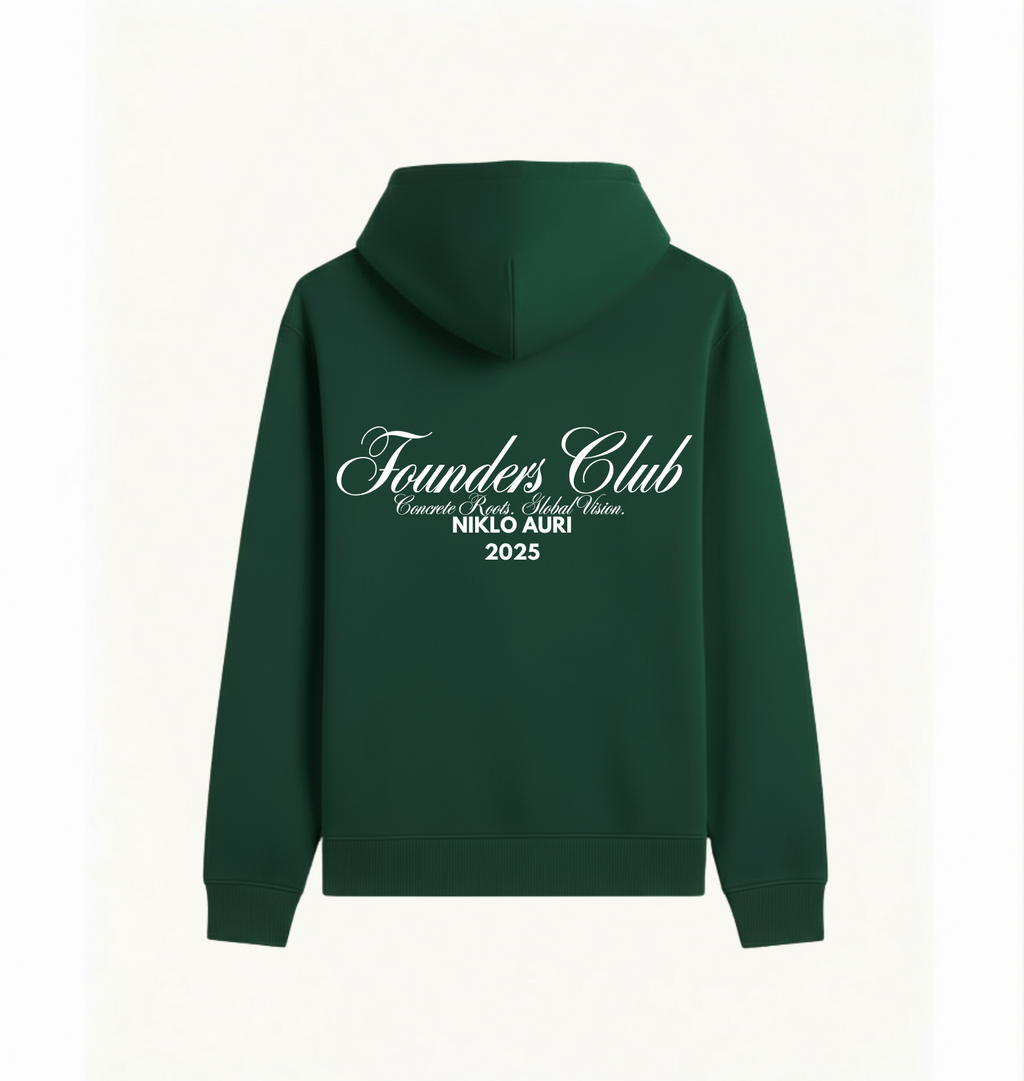 „Niklo Auri Founders Club Hoodie – Forest Green mit Script Backprint.“
