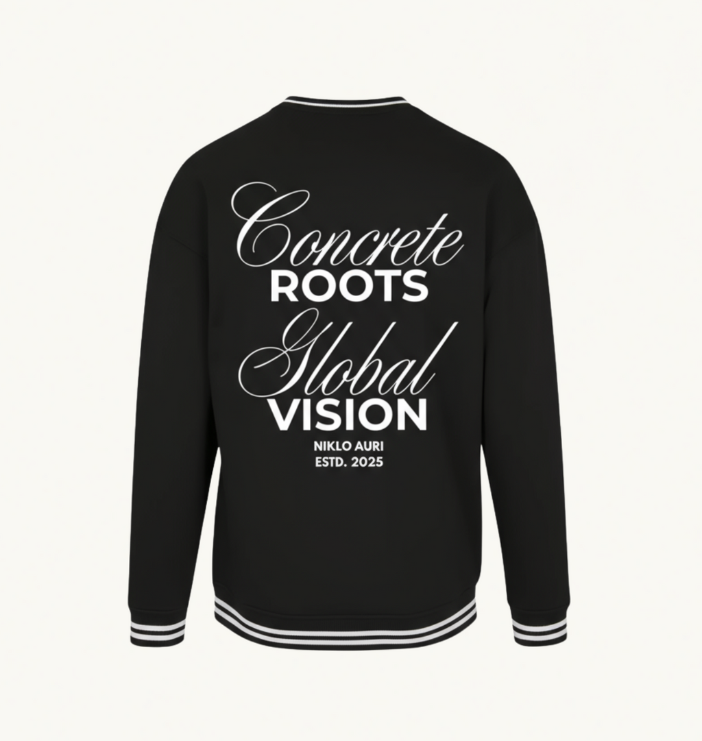 „Concrete Roots / Global Vision Backprint auf schwarzem Niklo Auri Crewneck.“