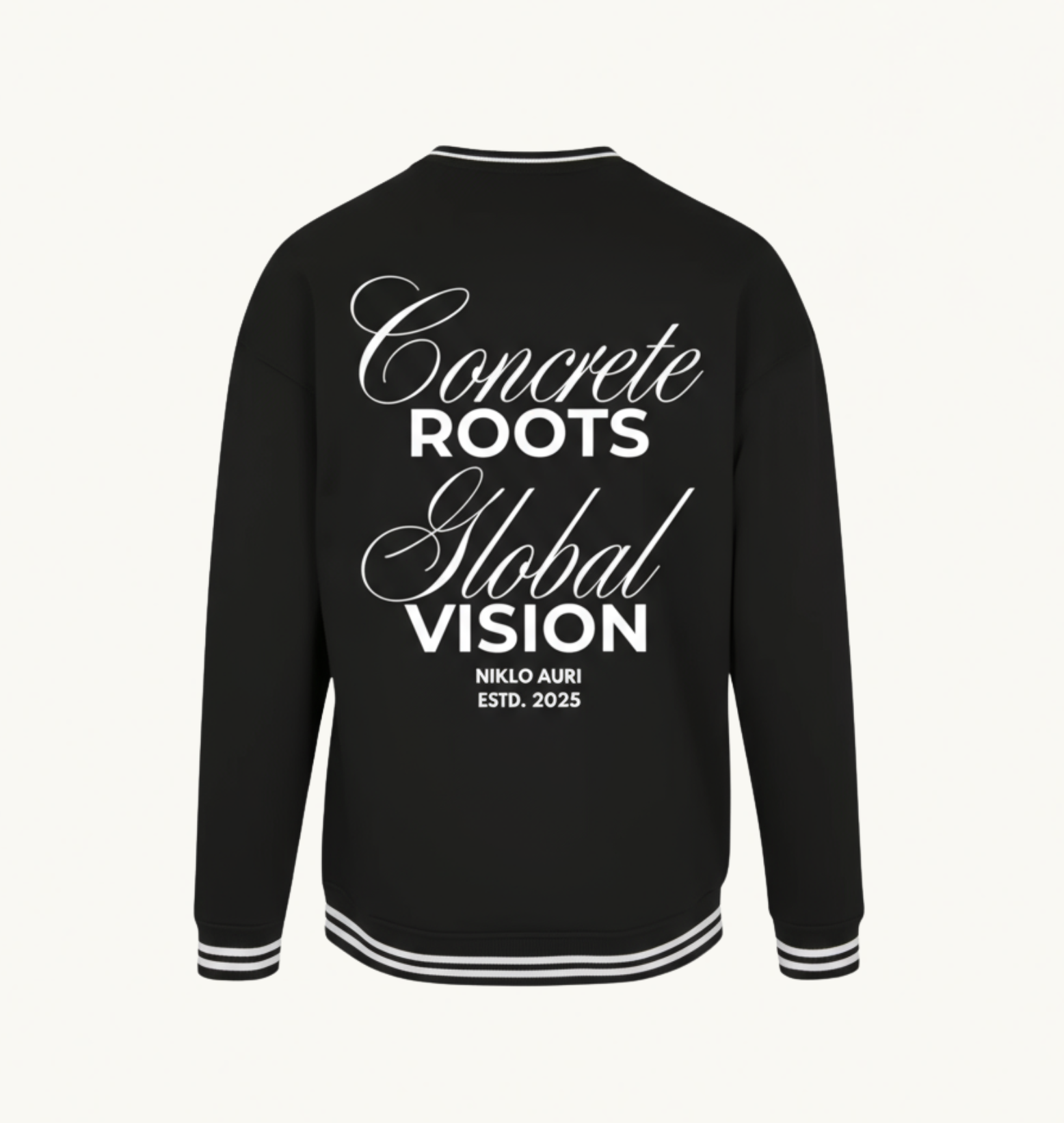 „Concrete Roots / Global Vision Backprint auf schwarzem Niklo Auri Crewneck.“