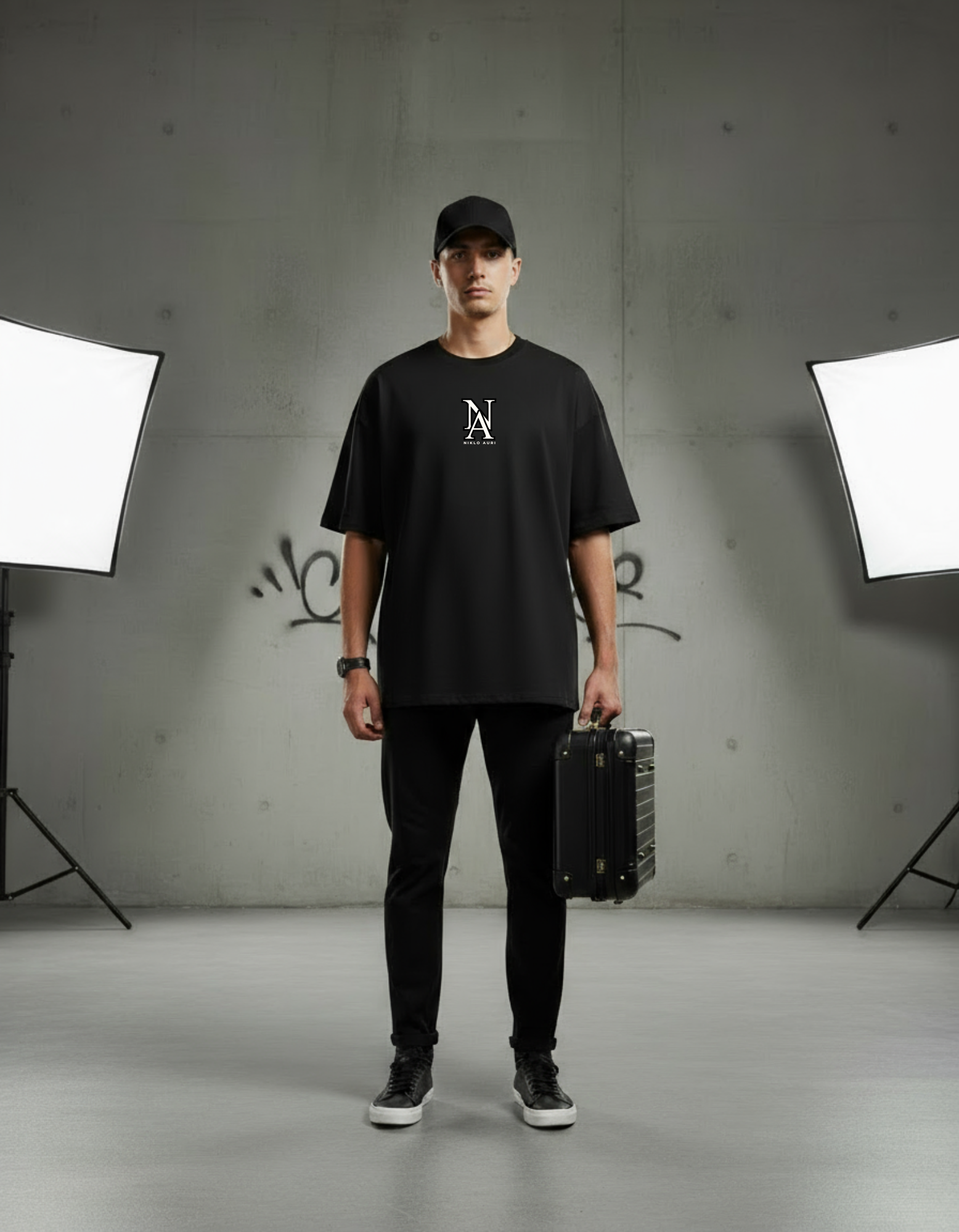 „Model trägt Niklo Auri Everybody Dreams Tee – Oversized Black Shirt.“
