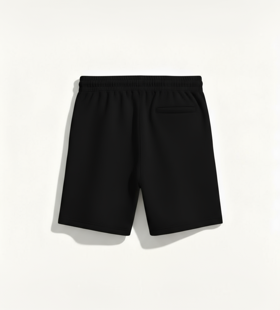 „Rückansicht der schwarzen Monogram Script Shorts – clean & minimal.“