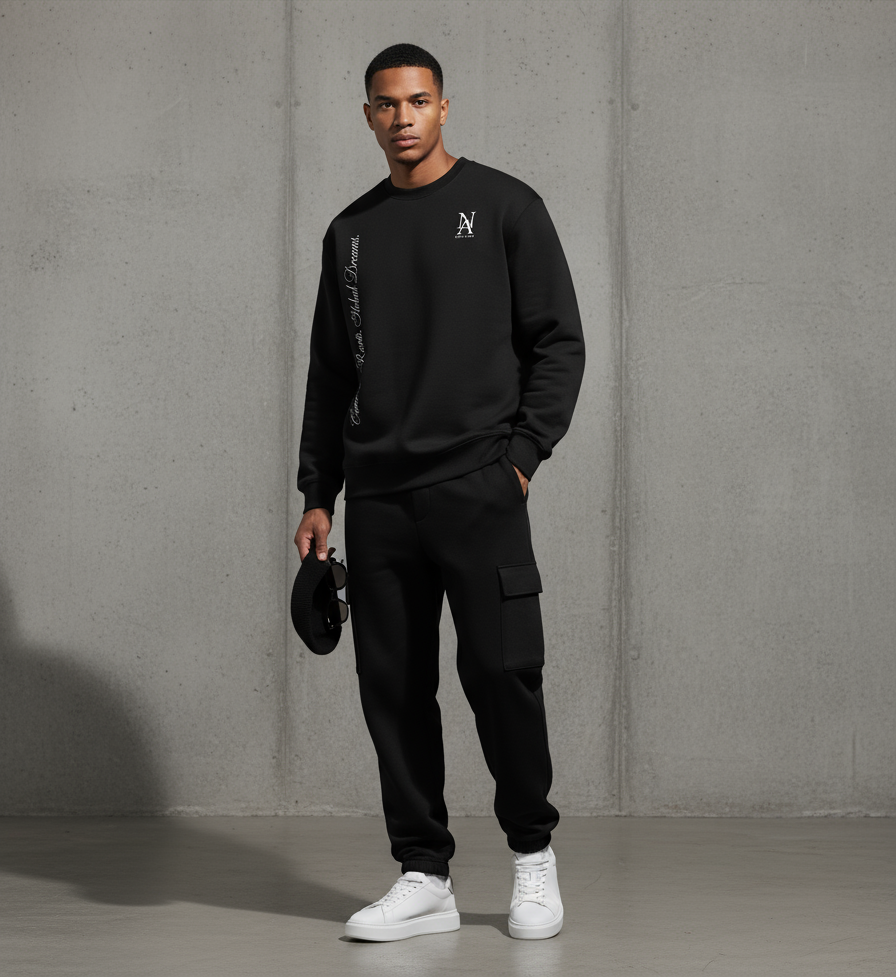 „Model trägt Niklo Auri Side Script Crewneck – urbaner schwarzer Sweater.“