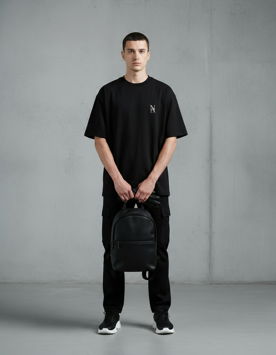 „Model trägt schwarzes Oversized ALL OR NOTHING Tee mit NA Monogramm.“