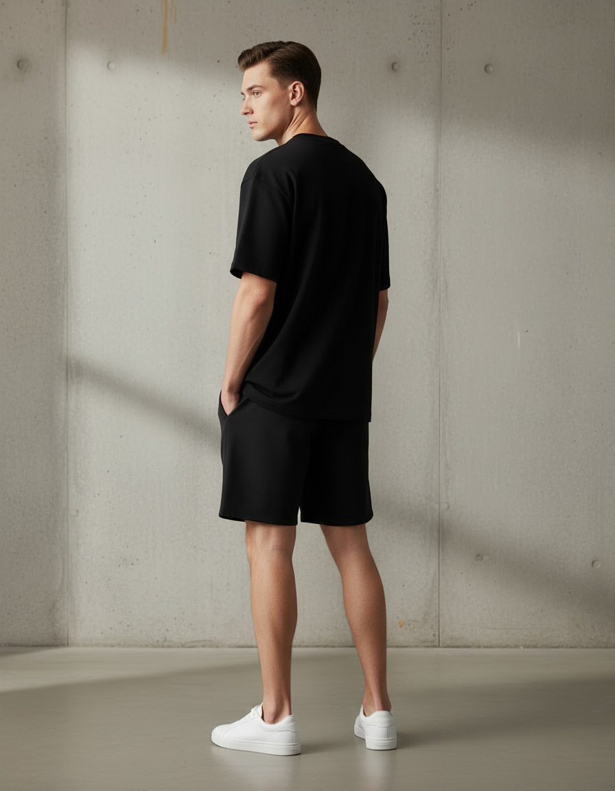 „Model trägt schwarze Performance Shorts – urban sport fit.“