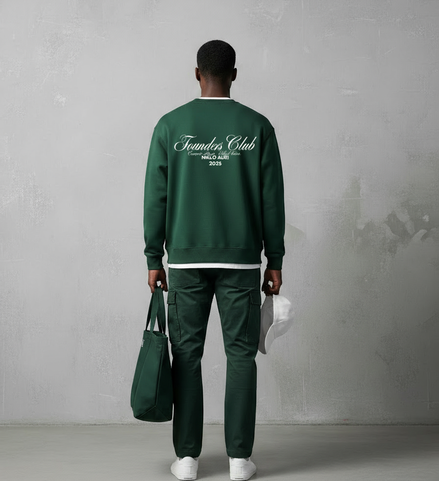 „Model zeigt den weißen Script-Backprint des Members Club Sweaters.“