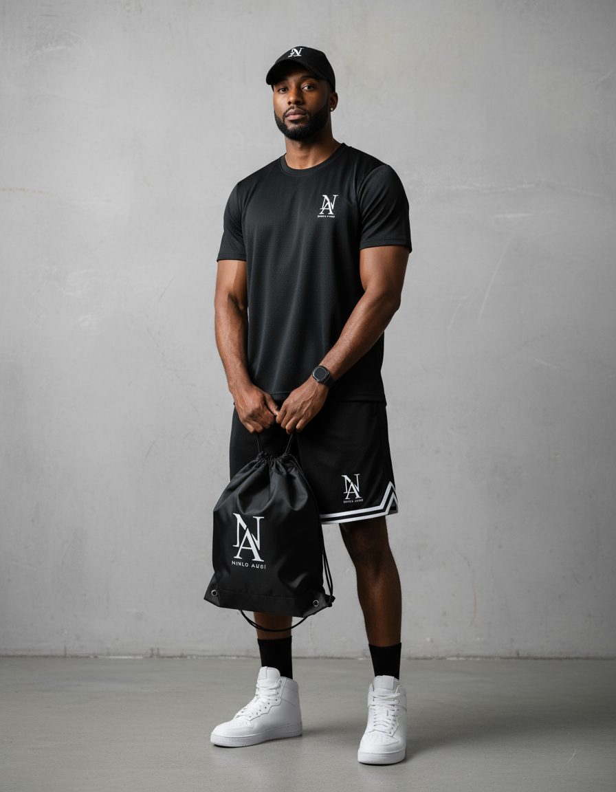 „Model trägt schwarze Niklo Auri Mesh Shorts – sportlicher Oversized Fit.“