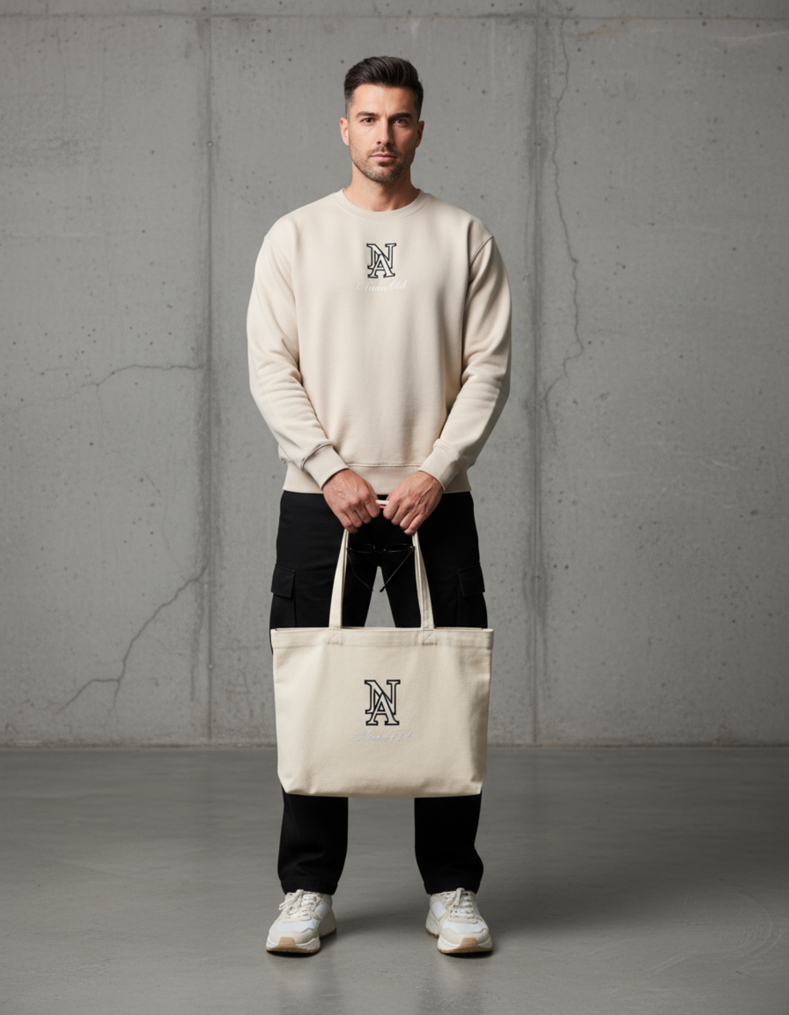 „Model trägt Niklo Auri Sand Sweater – Members Club Edition.“